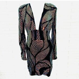 Glamorous Black and Gold Sequin Long Sleeve Dress